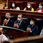 Fernando Grande-Marlasca, Jos&eacute; Luis Abalos, Isabel Celaa y Yolanda Diaz escuchan la intervenci&oacute;n de Pedro S&aacute;nchez.