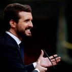El l&iacute;der del PP, Pablo Casado, durante su intervenci&oacute;n en la segunda sesi&oacute;n del debate.