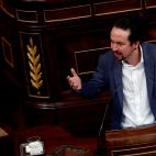 El vicepresidente segundo del Gobierno, Pablo Iglesias, durante su intervenci&oacute;n.