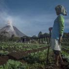 Una granjera de Indonesia observa el volcán del Monte Sinabung mientras éste expulsa lava y ceniza.
