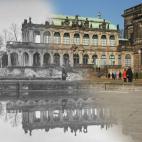 Un ala del museo de arte Zwinger y su reflejo en la fuente que preside la plaza muestran la destrucción ocasionada por el bombardeo aliado del 12, 13 y 14 de febrero de 1945.