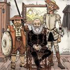 Retrato del artista y sus creaciones con los molinos de fondo y tres gatos delante.