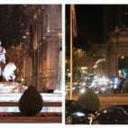 La fuente de la Cibeles, sin luz y con luz.