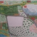 Plano de la carretera Jerez-Rota donde se pueden apreciar los cultivos, la base naval al lado de una carretera de circunvalación, la carretera dirección Sanlúcar de Barrameda, accesos alternativos a Rota y otros detalles.