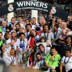 Real Madrid celebrate with the UEFA Champions League Trophy