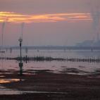 Vista del fango y el agua congelada en la laguna del sur de Venecia, donde el agua se encuentra a un nivel más bajo, frente a la planta petroquímica de Porto Marghera, en Venecia, Italia.