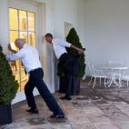 President Barack Obama and Vice President Joe Biden participate in a Let's Move video taping on the Colonnade of the White House Feb. 21, 2014.
