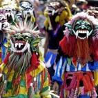 Habitantes de las laderas del Monte Merapi llevan coloridos disfraces y máscaras durante un desfile en Yogyakarta, centro de Java (Indonesia) el 18 de junio de 2006, en memoria de las víctimas del terremoto del 27 de mayo. Aunque el Merapi no ...