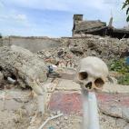 Una calavera humana clavada en un poste cerca de un edificio destruido por un terremoto el 25 de agosto 2010 en Puerto Príncipe, Haití.