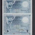 Pareja de billetes de 1.000 pesetas emitidos en 1907 y dedicados a las alegorías del Ángel, sin serie. "Billetes rarísimos y dificilísimos de conseguir en esta calidad, los únicos conocidos", afirma el vendedor. "Los más raros, escasos y b...