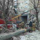 MAGNITOGORSK, RUSSIA - DECEMBER 31, 2018: Clearing the debris at the site of an apartment building collapse. A suspected domestic gas blast caused a partial collapse of a residential building at 164 Karla Marksa Prospekt Street killing three peo...
