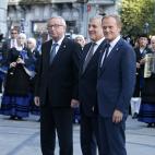 Los representantes de la UE, Antonio Tajani, Jean Claude Juncker y Donald Tusk, premio Princesa de Asturias de la Concordia