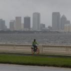 El skyline de la ciudad de Tampa al fondo mientras un hombre pasea en bicicleta por Bayshore Boulevard, el 10 de septiembre de 2017.