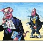 The Independent lleva esta viñeta en la que podemos ver a Lord Ashcroft con la cara de un cerdo limpiándose la boca tras morder el pene de Cameron mientras lleva su libro 'Call Me Dave' bajo el brazo.