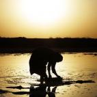 Una mujer iraquí trabaja recogiendo sal en un curso de agua cerca de Latifiya, a unos 20 kilómetros al sur de Bagdad, Irak. Miércoles, 25 de marzo de 2009. (Alaa al-Marjani/AP)