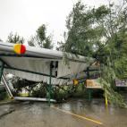 A fallen tree lies atop the crushed roof of a fast food restaurant after the arrival of Hurricane Florence in Wilmington, North Carolina, U.S., September 14, 2018. REUTERS/Jonathan Drake