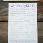 En Estados Unidos hay montones de formularios estándar que se pueden imprimir, en la que los invitados rellenan los huecos con adjetivos, verbos, frases de películas y por supuesto consejos. Pero, cómo no, puedes hacer las fichas tú mismo y ...