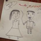 Uno de los dibujos, en los que un marido maltrata a una joven esposa.