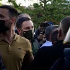 Leader of far-right party Vox, Santiago Abascal (C) arrives for the presentation of their candidate for Madrid Regional election in the Madrid's suburb of Vallecas on April 7, 2021. (Photo by JAVIER SORIANO / AFP) (Photo by JAVIER SORIANO/AFP vi...
