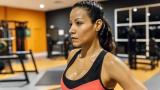 Retrato de una mujer transpirando después de entrenar en el gimnasio