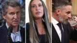 El líder del Partido Popular, Alberto Núñez Feijóo; la portavoz parlamentaria de Junts, Míriam Nogueras; y el presidente de Vox, Santiago Abascal; en sendas imágenes de archivo, respectivamente.