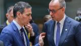 Friedrich Merz y Pedro Sanchez en una reunión informal en el Consejo de Europa este jueves. (Bélgica, Ucrania, Bruselas) EFE/EPA/OLIVIER HOSLET