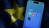 Varias aplicaciones de Meta, entre ellas WhatsApp, Instagram o Facebook, sobre una bandera de la Unión Europea.