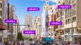 Ilustración digital que simula precios de vivienda en la Gran Vía de Madrid.