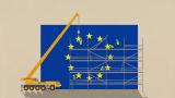 Ilustración que muestra a trabajadores colocando con una grúa las estrellas a una gigantesca bandera de la Unión Europea.