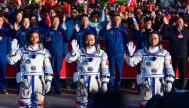 Los tres miembros de la tripulación china que ha partido hacia su estación espacial: Jiang Xinlin, Tang Shengjie y Tang Hongbo.