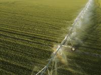 Vista aérea de un aspersor agrícola regando el campo