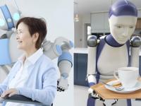 Una imagen de archivo de un robot cuidando de una persona mayor y otra de un robot haciedno de mayordomo doméstico