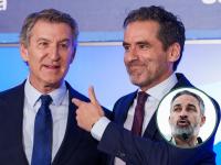 El portavoz nacional del PP, Borja Sémper, y el líder popular, Núñez Feijóo; con su homólogo de Vox, Santiago Abascal, en un detalle.