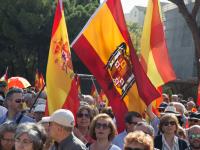 MADRID, SPAIN - 2018/10/06: Protesters are seen holding Falangist flags during a demonstration in Madrid against the Spanish government of Pedro Sanchez, for the unity of the country and against the inheritance tax. The demonstration started at the Plaza de Colón to the Congress of Deputies. (Photo by Lito Lizana/SOPA Images/LightRocket via Getty Images)