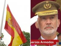 Montaje del accidentado izado de bandera durante el desfile de las Fuerzas Armadas este sábado en Vigo.