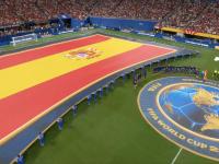 Banderas de España antes del partido contra Arabia Saudí