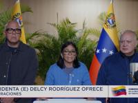 La presidenta de Venezuela, Delcy Rodríguez; el presidente de la Asamblea, Jorge Rodríguez, el ministro de Interior, Diosdado Cabello, comparecen el 24 de junio de 2026 tras los terremotos.