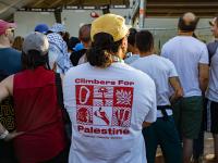 ALCOBENDAS MADRID, SPAIN - MAY 29: A person wearing a T-shirt in support of Palestine during a World Climbing Series 2026 event on the esplanade of the Jose Caballero de Alcobendas sports centre on 29 May 2026 in Alcobendas, Madrid, Spain. Today at the World Climbing Series Comunidad de Madrid 2026, the women's bouldering semi-finals and final were the big event of the day. (Photo By Rafael Bastante/Europa Press via Getty Images)