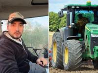 Juanjo montado en su tractor y un tractor por el campo.