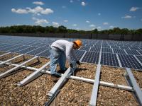 Una persona trabaja en una gran instalación de paneles solares en Estados Unidos.