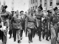 SPAIN - CIRCA 1900:  General Francisco Franco, commander in the south, is visiting the headquater of the Northern Front in Burgos. F.l.t.r.: General Cavalcanti, General Francisco Franco Bahamonde and the Nationalist commander in the north General Emilio Mola Vidal (with glasses). Burgos. Photograph. August 19, 1936.  (Photo by Imagno/Getty Images)