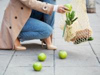 Una persona, recogiendo manzanas del suelo.