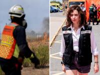 Montaje con un bombero trabajando en las labores de extinción de los incendios de Madrid y la presidenta de la región, Isabel Díaz Ayuso, en su visita al puesto de mando.