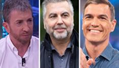 El presentador de 'El Hormiguero', Pablo Motos, el director de 'Más de uno', Carlos Alsina, y el presidente del Gobierno, Pedro Sánchez; en sendas imágenes de archivo.