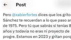 El tuit que le han puesto a Xabier Fortes sobre lo que dijo durante los gritos a Sánchez