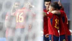 Los jugadores de la selección española celebran el 1-0, obra de Yeremy Pino