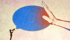 Imagen conceptual de una mano tapando el discurso de una persona.