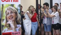 La candidata a la presidencial del Gobierno, Yolanda Díaz, a su llegada a la sede de Sumar en Madrid tras conocerse los resultados de las elecciones celebradas hoy Domingo.