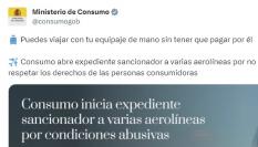 El tuit del Ministerio de Consumo