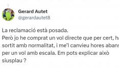 El mensaje publicado en Twitter por Gerard Autet
